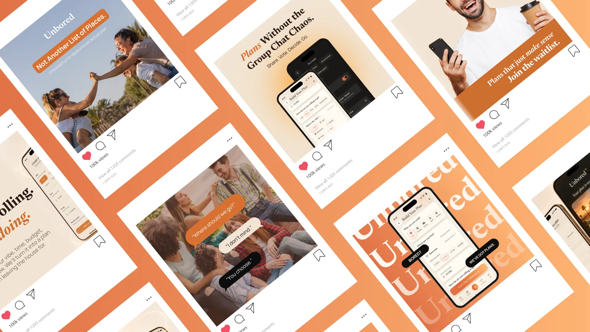 App promotion Instagram feed for the Unbored plans app in orange and cream, with friends making plans and app screens