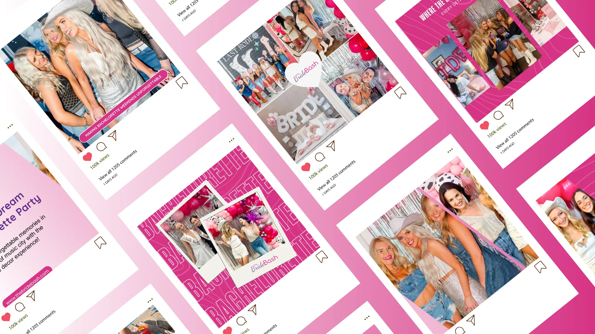 Bachelorette party Instagram feed with bridal group photos and pink typography