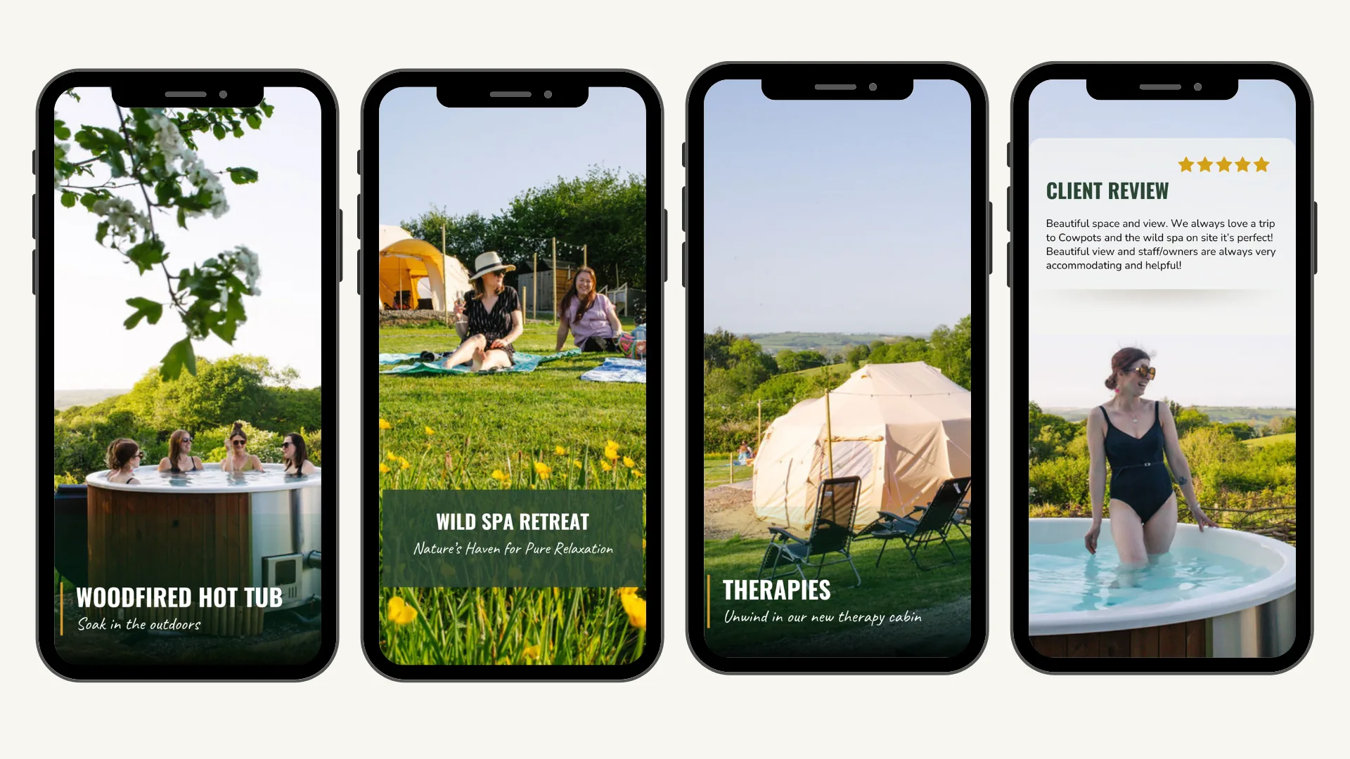 Cowpots Camping stories: woodfired hot tub, wild spa retreat, therapies and a client review