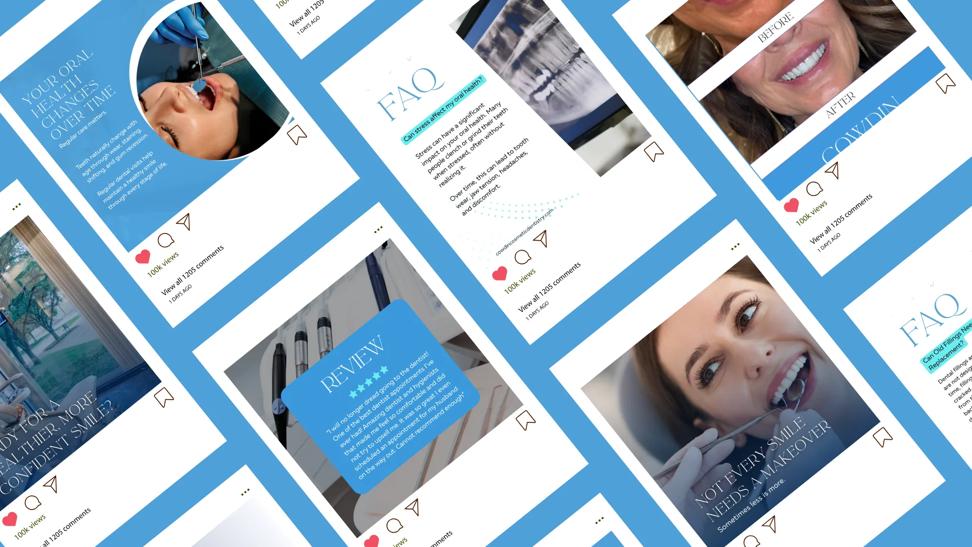 Cowdin Dentistry Instagram feed with patient smiles, reviews and FAQ posts