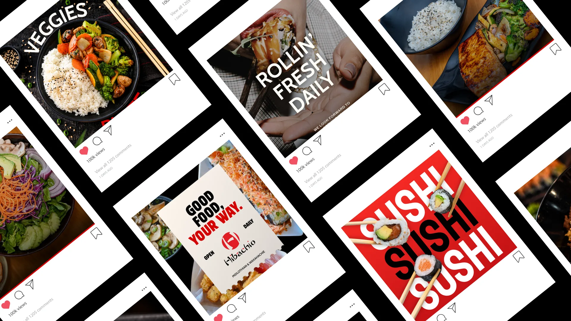 Hibachio Japanese restaurant feed posts in black and red: veggies, rollin fresh daily, good food your way and sushi