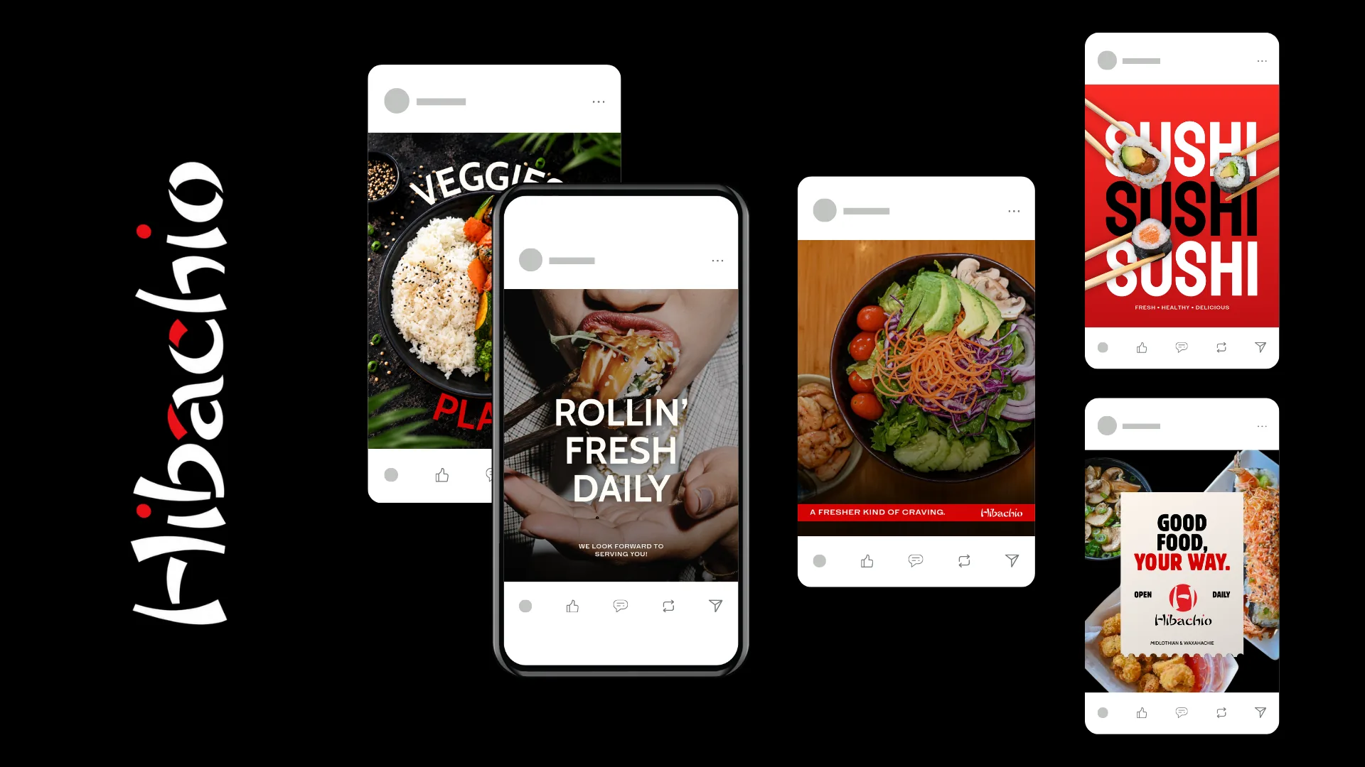Hibachio brand board with the logo, poke bowl, sushi and good food your way posts