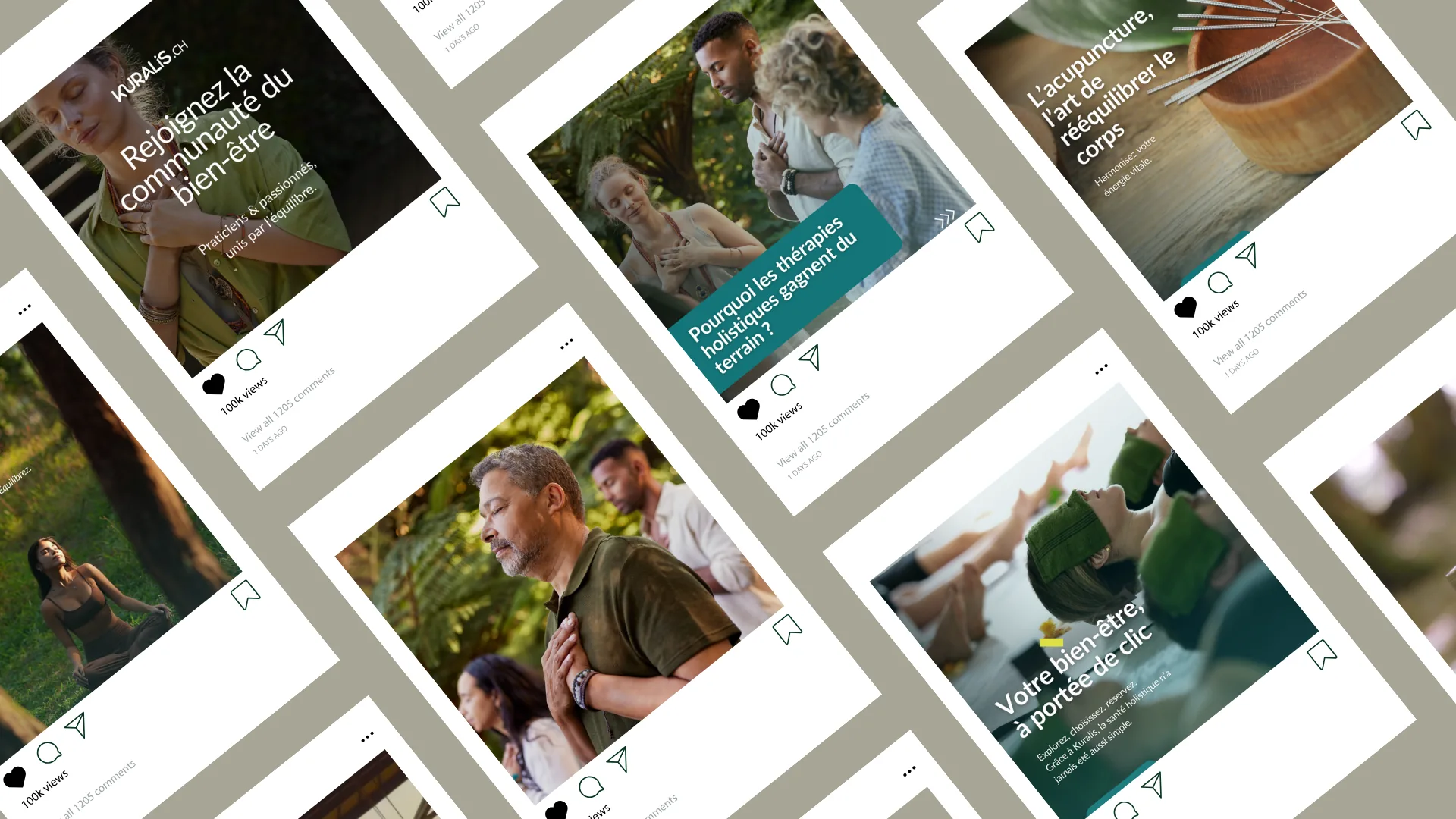 Kuralis wellness platform Instagram posts in French: holistic therapies, acupuncture and community wellbeing