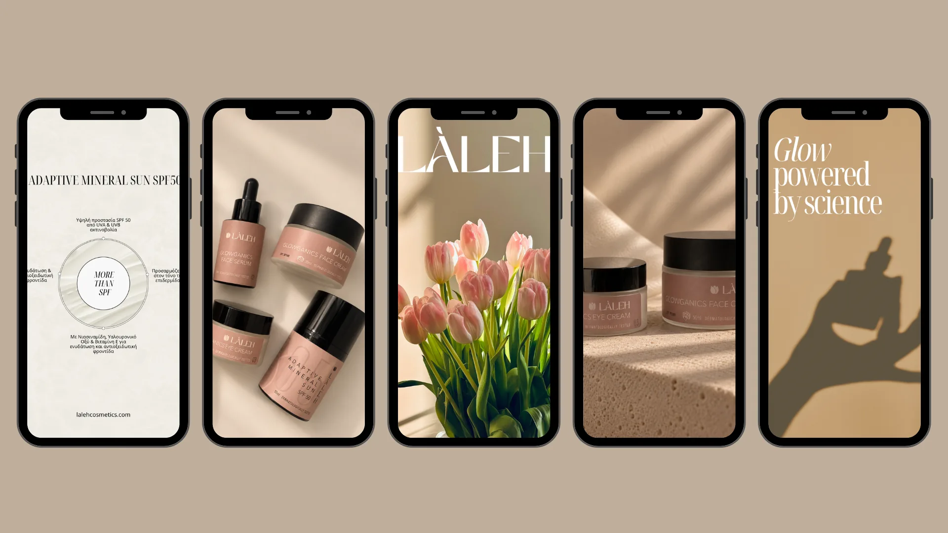 Laleh skincare stories with product flat lays, tulips and the Laleh wordmark