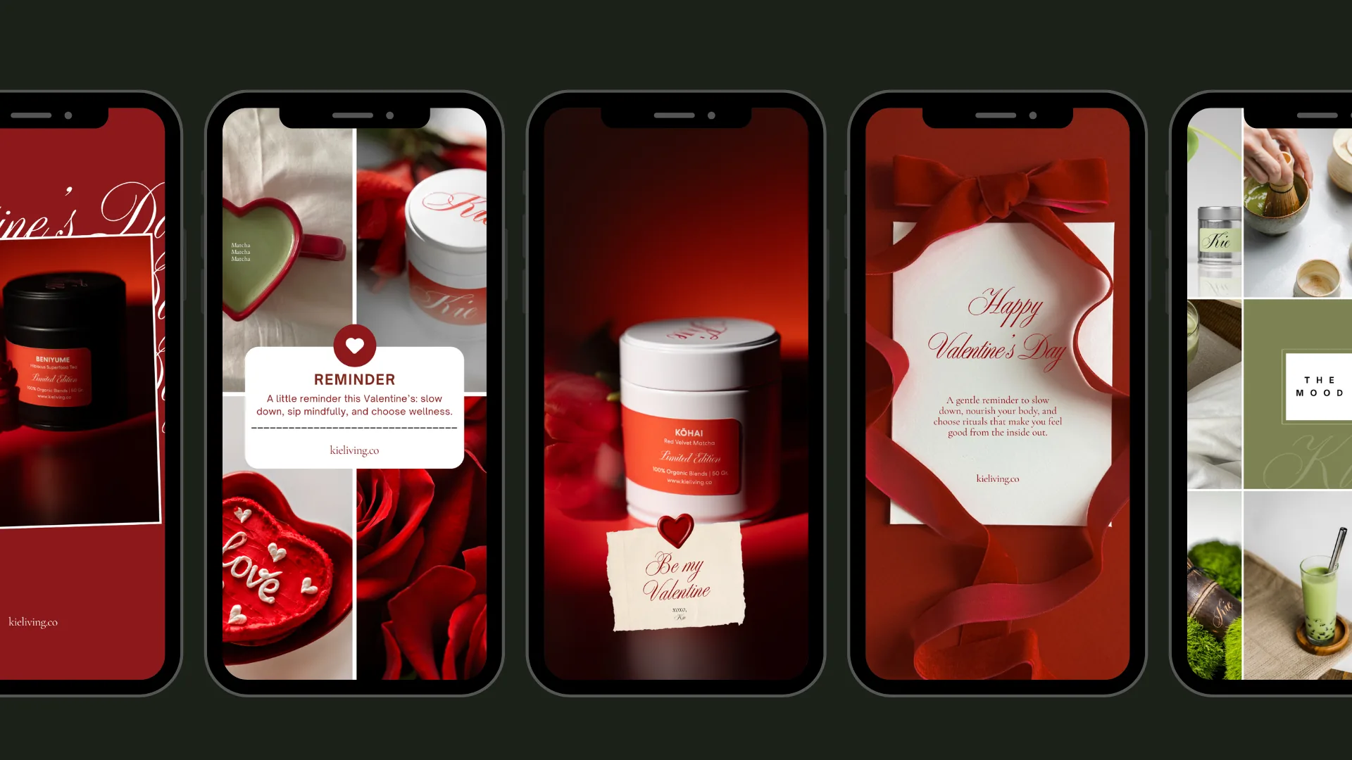 Kio matcha Valentines stories in deep red with a reminder, hearts and gift tins