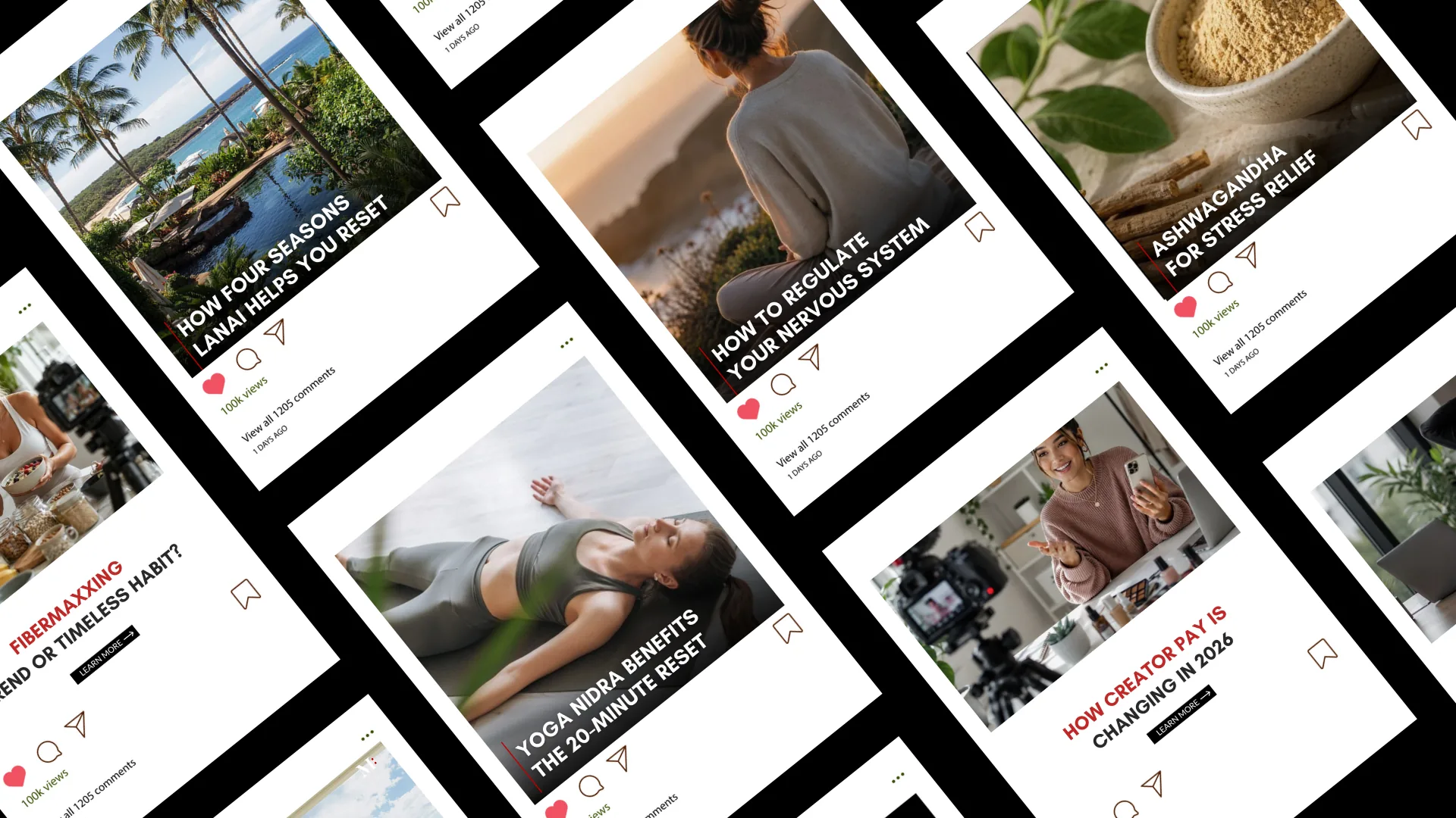 Millennial Magazine feed posts on wellness, yoga nidra, ashwagandha and creator pay in 2026