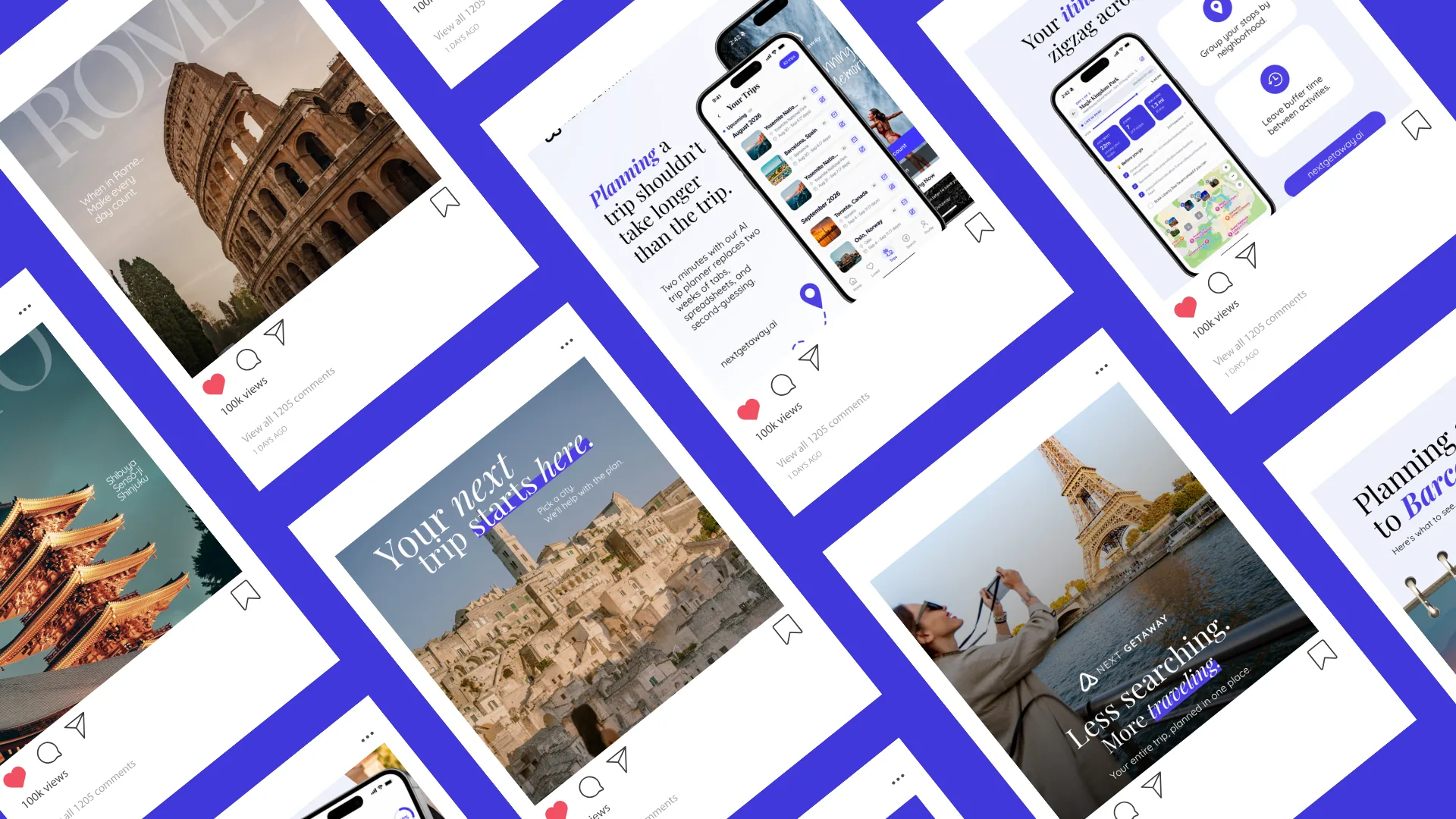 Next Getaway Instagram feed on a violet grid: Rome, Paris and trip planning app screens
