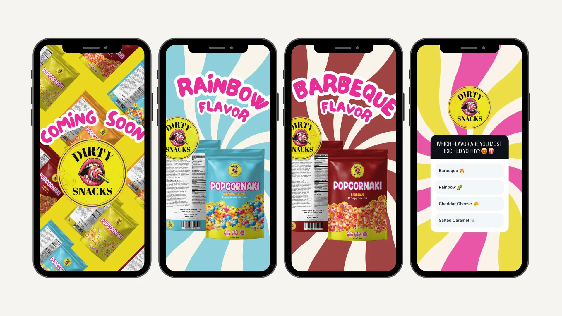 Popcornaki Instagram stories by Dirty Snacks: coming soon teaser, Rainbow and Barbeque flavour launches and a flavour poll