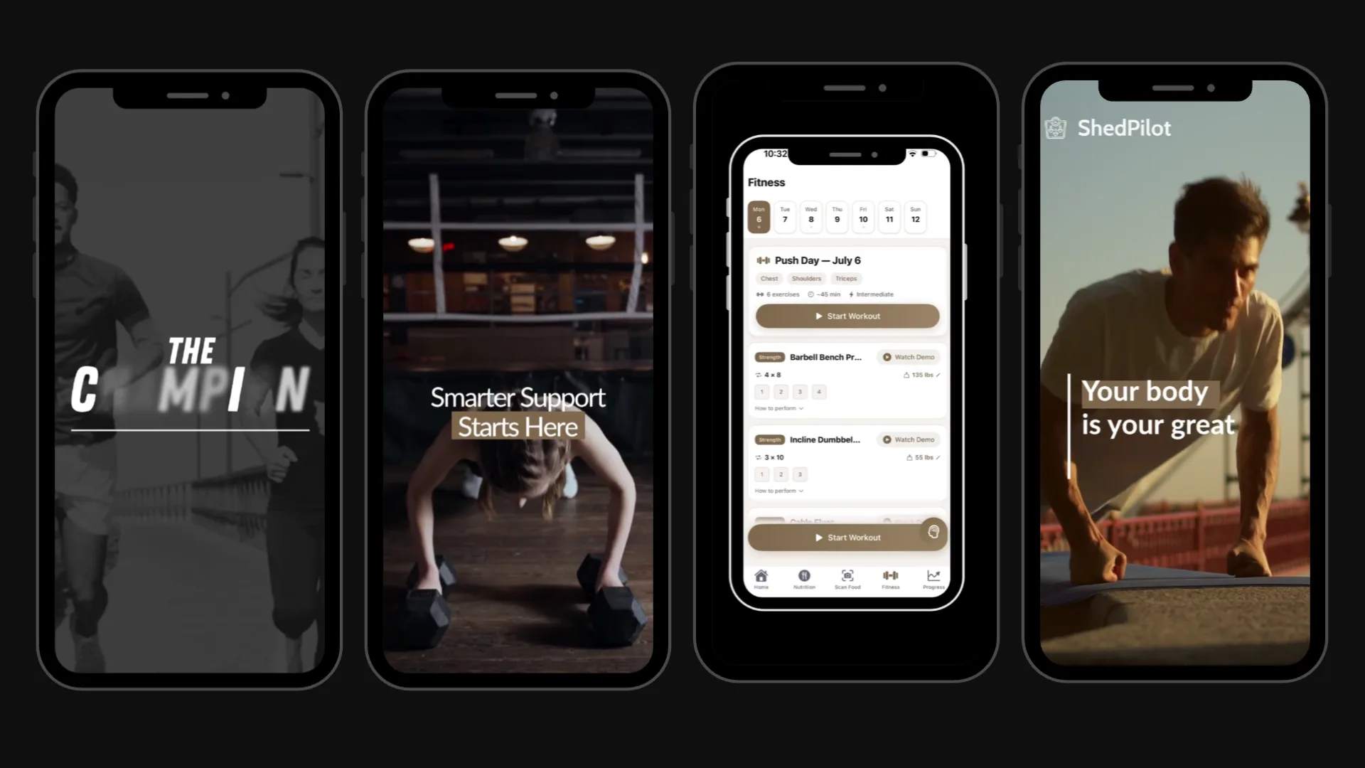 ShedPilot stories: the champion, smarter support starts here, the daily workout screen in the app